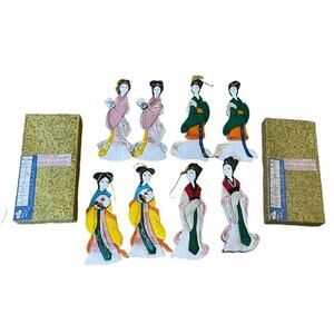 VTG Asian Paper & Silk Kimona China Dolls Christmas Ornaments Geishas Lot Of 8